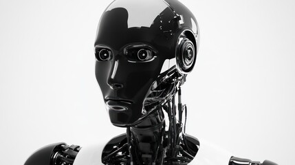 Close-up of a humanoid robot with a reflective surface.