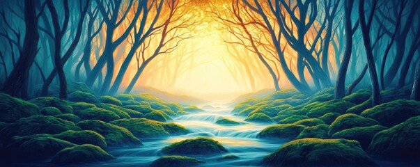 Poster - Glow forest concept. A serene forest scene with glowing sunlight filtering through dense trees and a flowing stream.