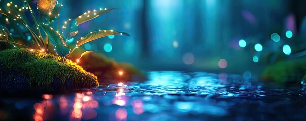 Poster - Glow forest concept. A vibrant, magical scene with glowing plants beside a serene water surface.