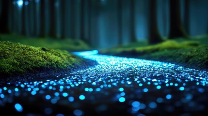 Poster - Glow forest idea. A sparkling river flows through a serene forest, illuminated by bioluminescent light.