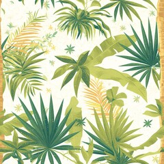 Wall Mural - Seamless pattern featuring minimalist tropical palm leaves and foliage in green, gold, and sunset orange