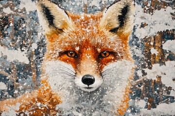 Poster - Mosaic portrait of a fox surrounded by snow in a serene forest setting showcasing intricate patterns and colors. Generative AI