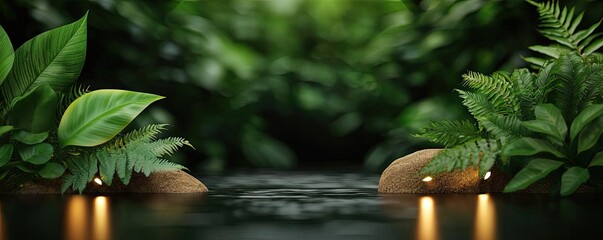 Poster - Glow forest concept. Tranquil scene of a serene water body surrounded by lush green foliage and rocks.