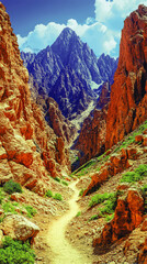 Canvas Print - Stunning Rocky Mountain Path Vector Illustration with Majestic Peaks and Blue Sky - Perfect for Nature Lovers and Adventure Enthusiasts Seeking Inspiration