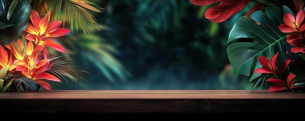 Poster - Glow forest concept. Vibrant tropical flowers in a serene environment with a wooden tabletop.