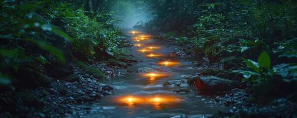 Poster - Glow forest idea. Magical glowing stream surrounded by lush green forest in serene twilight.