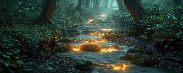 Poster - Glow forest idea. A serene forest stream illuminated by glowing stones, surrounded by lush greenery.