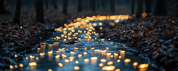 Poster - Glow forest idea. A serene forest stream illuminated by glowing lights at twilight.