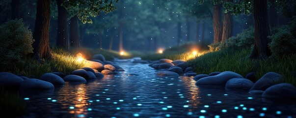 Poster - Glow forest idea. A serene night scene with glowing lights reflecting off a gentle stream in a forest.