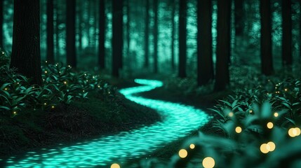 Poster - Glow forest idea. Enchanting forest path illuminated by glowing plants under a mystical twilight sky.