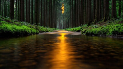 Poster - Glow forest idea. Tranquil forest scene with a shimmering stream reflecting golden light.
