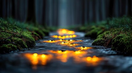 Poster - Glow forest idea. Serene forest stream illuminated by glowing lights reflecting on calm water.