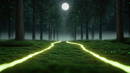 Poster - Glow forest concept. A glowing path meanders through a serene forest under a full moon.