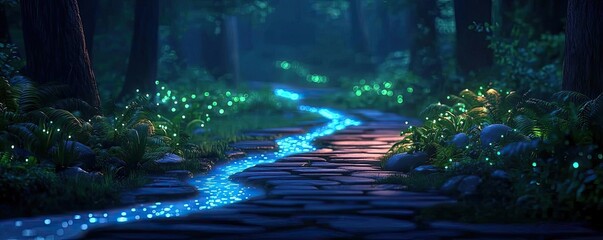 Poster - Glow forest concept. A serene forest path illuminated by glowing elements under a tranquil blue light