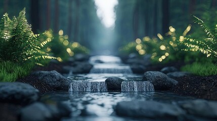 Poster - Glow forest concept. A tranquil stream flowing through a lush forest with vibrant ferns and soft light.