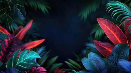 Fototapete - Glow forest concept. Vibrant tropical leaves create a lush backdrop in dark tones.