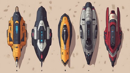 Top-down view of futuristic spaceships, desert background. Possible use Stock photo for science fiction, space, design, or technology projects