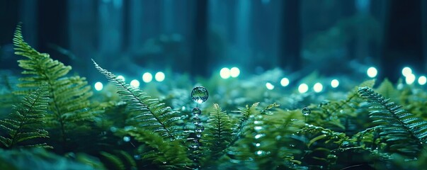 Poster - Glow forest concept. A serene forest floor with vibrant ferns illuminated by soft, magical lights.