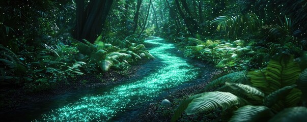 Poster - Glow forest concept. A serene forest river illuminated by bioluminescent plants in vibrant green hues.