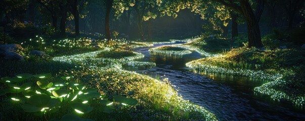 Poster - Glow forest concept. A serene forest scene with a winding stream and glowing flora.