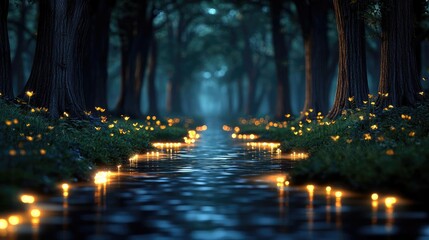 Poster - Glow forest idea. A serene forest scene with glowing lights reflecting on a calm water surface.