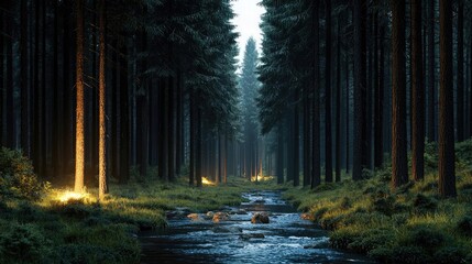 Poster - Glow forest idea. Serene forest stream surrounded by tall trees, illuminated by soft, glowing lights.
