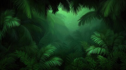 Poster - Glow forest concept. Lush green foliage creates a serene, tranquil atmosphere in a vibrant jungle setting.