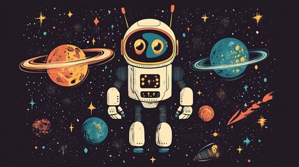 Canvas Print - Cute robot in space with planets. Possible use Children's book illustration