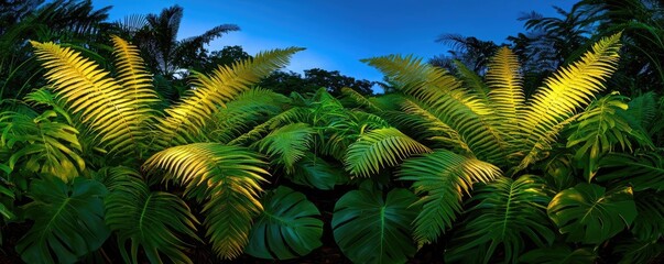 Poster - Glow forest concept. Lush tropical foliage illuminated by soft light under a night sky.