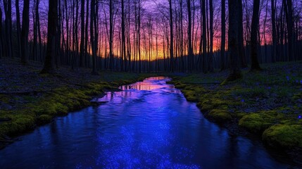 Poster - Glow forest concept. Serene twilight scene of a winding stream through a tranquil forest landscape.