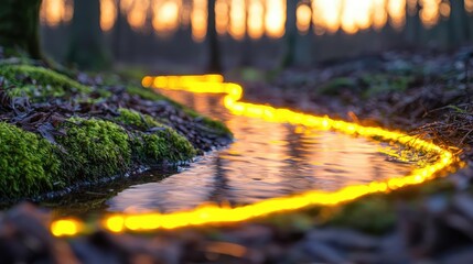Poster - Glow forest concept. A serene stream glows at sunset, reflecting golden light amid nature's tranquility.