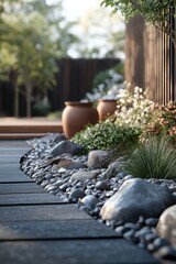 A Japandi serenity garden with a slate stone border, dark wood tones, and earthy decor for a balanced minimalist retreat.