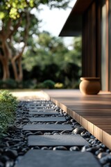 Slate stone edging, dark wood elements, and subtle earthy decor create a peaceful Japandi-style landscape.