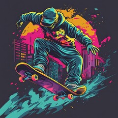 Sticker - Urban skater performing a trick, vibrant cityscape backdrop, graphic design, stock photo