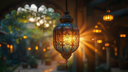 Canvas Print - Ornate lantern glows at sunset in courtyard