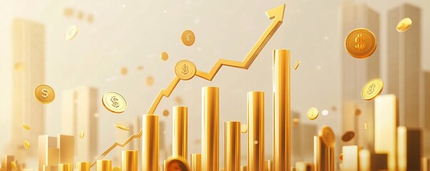 Leinwandbilder - Golden bar chart growing with upward arrow and coins in city