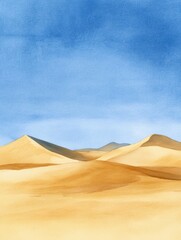 Poster - Golden sand dunes stretch under a clear blue sky in a serene watercolor landscape. Generative AI
