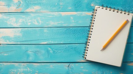 Aufkleber - Open notebook and pencil on bright wooden desk with spacious background for writing or brainstorming ideas. Generative AI