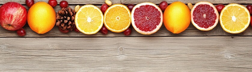 Poster - Citrus fruits, apple, cranberries, pine cone on wood. Festive food background