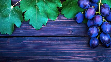 Poster - Ripe grapes and vine leaves on dark wood.  Food, wine, autumn harvest