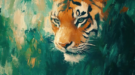 Poster - Impressionist tiger portrait set against a vibrant jungle background with ample space for text. Generative AI