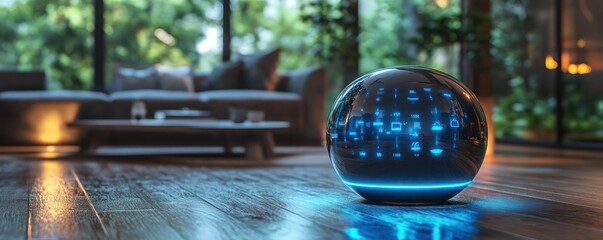 smart speaker with holographic interface projecting weather updates, schedules, and iot device contr