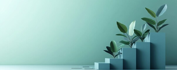 Poster - Minimalist green plants growing on blue steps concept 3d render