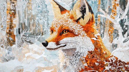 Poster - Mosaic fox portrait featuring intricate tessellated patterns in a snowy forest. Generative AI