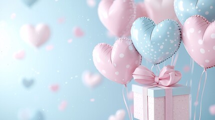 Canvas Print - Pink, blue heart balloons, gift, pastel background; Valentine's Day card