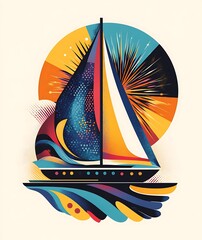 Wall Mural - Abstract Sailboat with Fireworks and Sun; Colorful Artistic Design for Print or Web