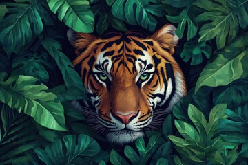 Aufkleber - Majestic tiger with intense gaze surrounded by lush green foliage in a tropical habitat during daylight. Generative AI