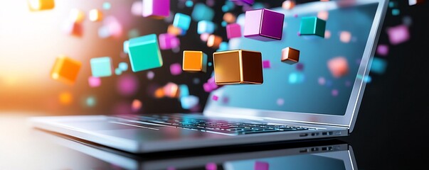 Poster - Laptop showing colorful cubes floating from screen symbolizing creative ideas