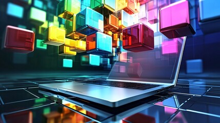 Poster - Laptop generating colorful 3d cubes floating above keyboard