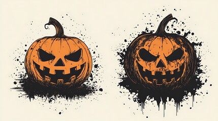 Wall Mural - Halloween pumpkin graphic art, two spooky jack-o-lanterns, splattered background, for holiday design